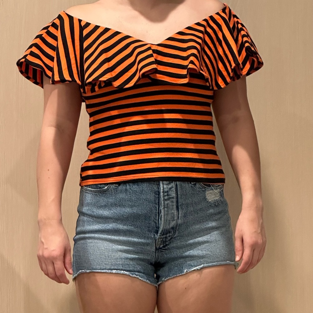 Orange and black unique vintage striped off the shoulder Frenchie top